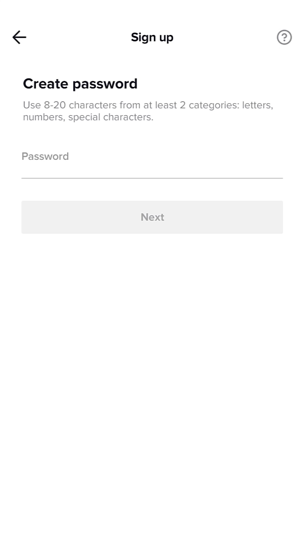 create password to Create TikTok Account